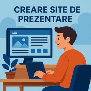 Ilustrație flat design cu un tânăr care creează un site de prezentare pe laptop, fundal albastru și elemente moderne de design web.